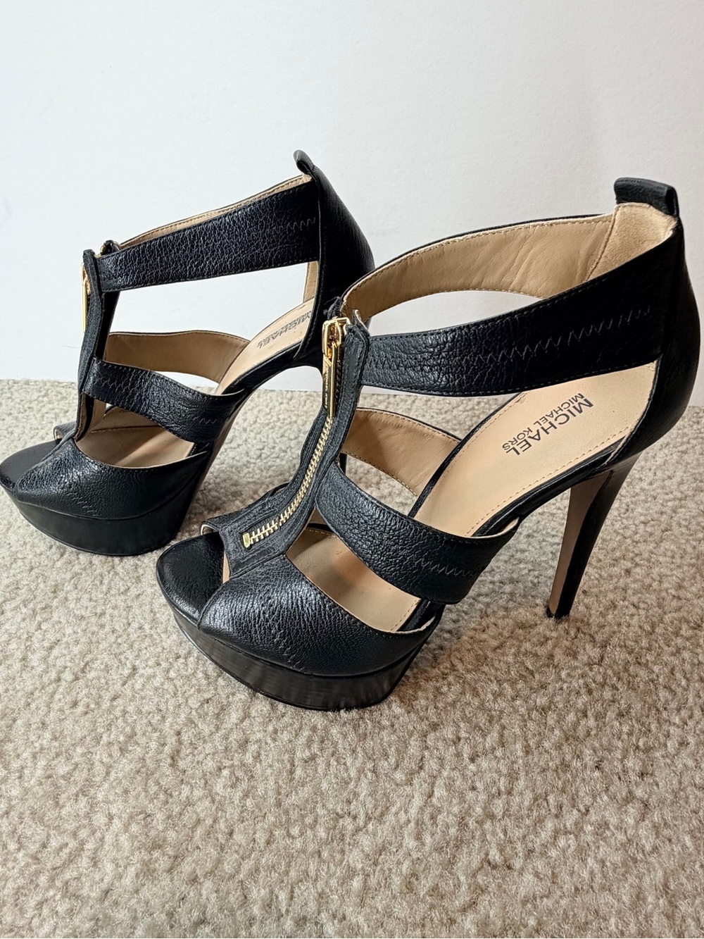 MICHAEL Michael Kors Black Strappy Open Toe Platform Stiletto Heels Zipper 6.5